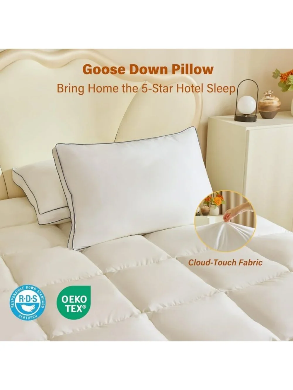 Cozy Gusseted Queen Size Goose Down Fiber Pillows - Set of 2 for Ultimate
